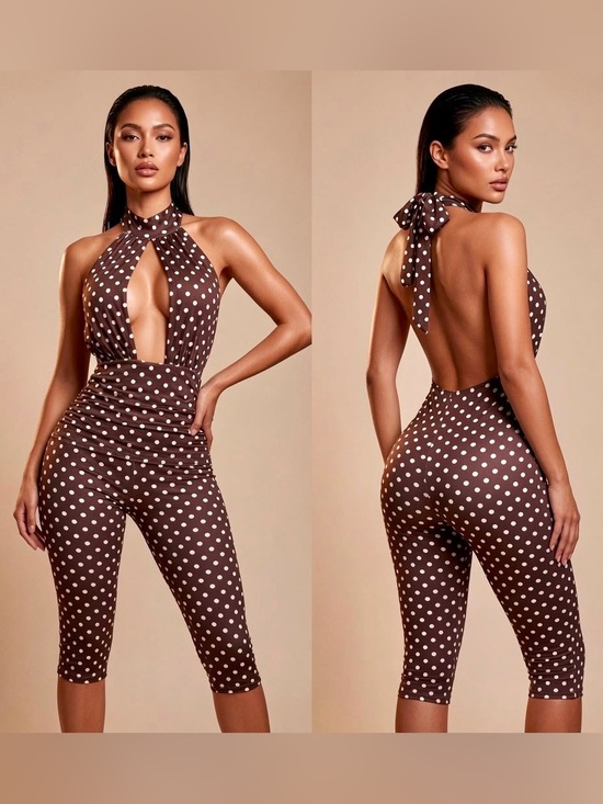 Pants - Polka Dot Halter Cutout Jumpsuit - Brown with White Dots